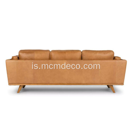 Mid-Century Modern Timber Charme Tan leður sófi